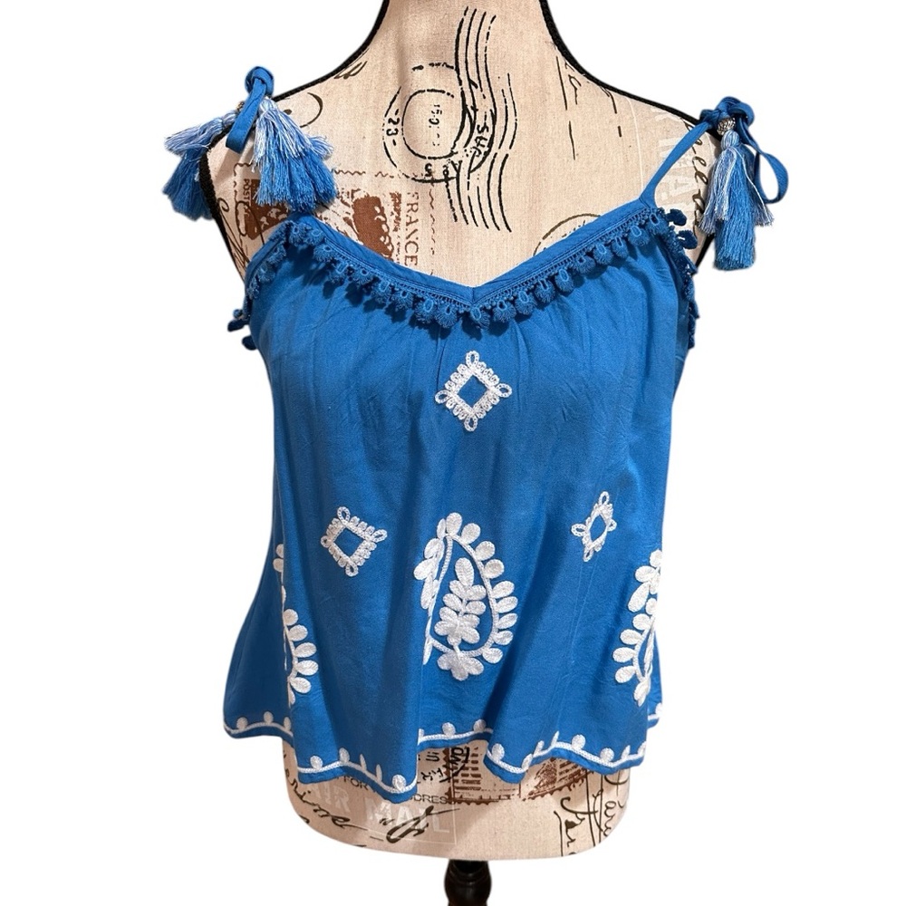 Elan Blue Boho Tank Top Tassel Strap Rayon NWT Small Festival Summer Embroidered